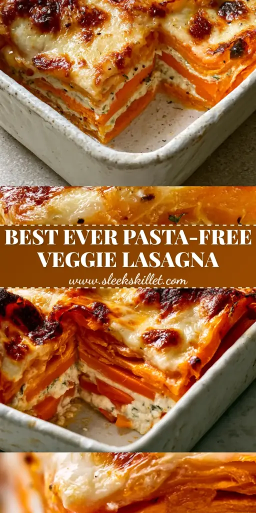 Sweet Potato Butternut Squash Carrot Lasagna: The Ultimate Grain-Free Comfort Food 5 A vertical shot of Sweet Potato Butternut Squash Carrot Lasagna in a rustic white dish, showing a missing slice that reveals vibrant orange and white layers.