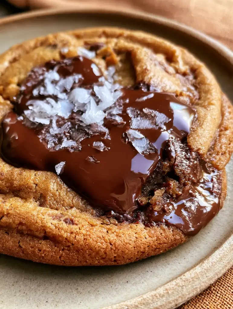 Side view of a thick bakery-style chocolate chip cookie showing rippled edges and jagged crystalline Maldon sea salt.