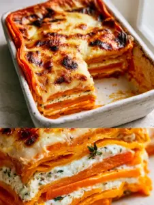 A split-screen view of Sweet Potato Butternut Squash Carrot Lasagna, highlighting the bubbling mozzarella and the internal vegetable layers.