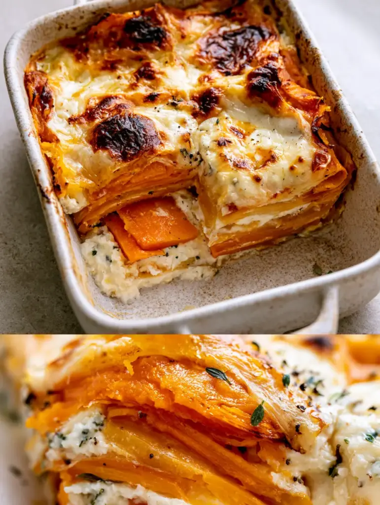 Sweet Potato Butternut Squash Carrot Lasagna: The Ultimate Grain-Free Comfort Food 1 Macro close-up of the cross-section of a Sweet Potato Butternut Squash Carrot Lasagna slice, showing thyme flecks and moisture.