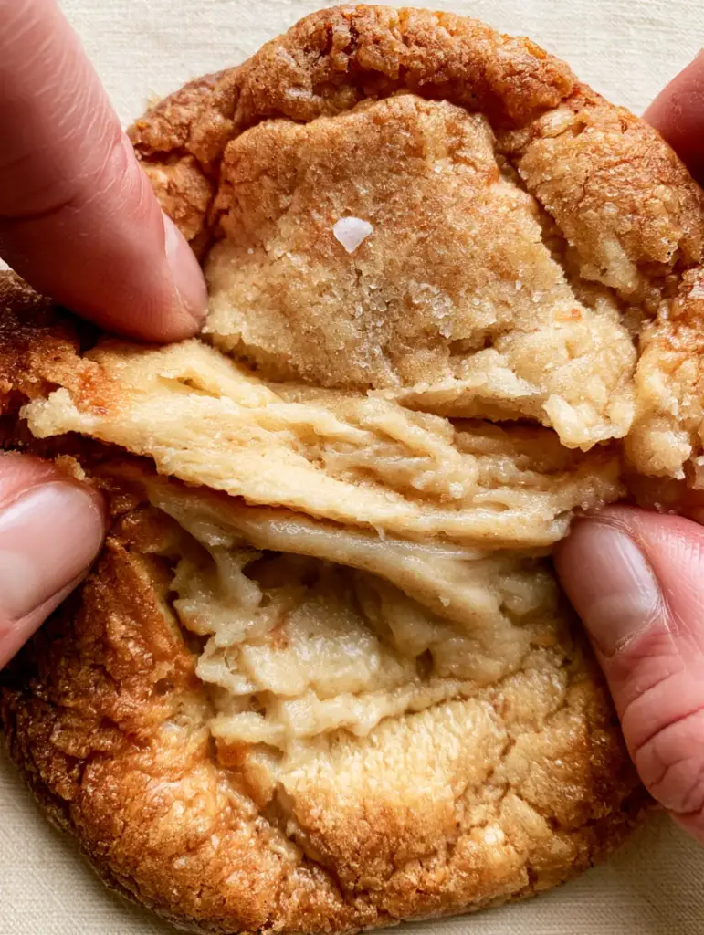 Chocolate Chipless Cookies with Caramelized Edges and Salted Vanilla Centers 2 A handheld smartphone photo of hands pulling apart a thick chocolate chipless cookie revealing an underbaked buttery dough interior.