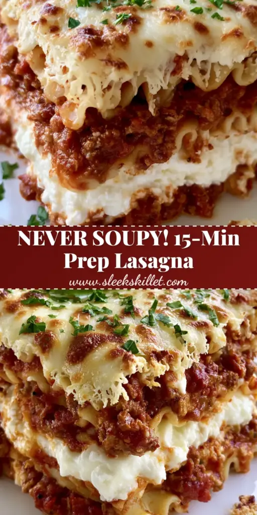 Best Homemade Lasagna with Thick Ricotta and Bubbly Mozzarella 4 A thick square slice of the best homemade lasagna standing upright on a white plate, showing chunky meat and white ricotta layers.