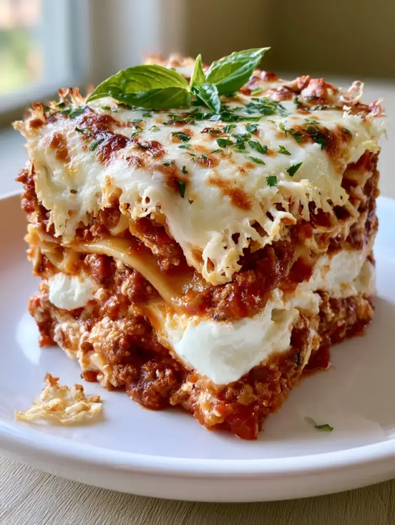 Best Homemade Lasagna with Thick Ricotta and Bubbly Mozzarella 1 Close up view of lasagna layers: pasta ribbons, chunky beef sauce, and thick firm ricotta.