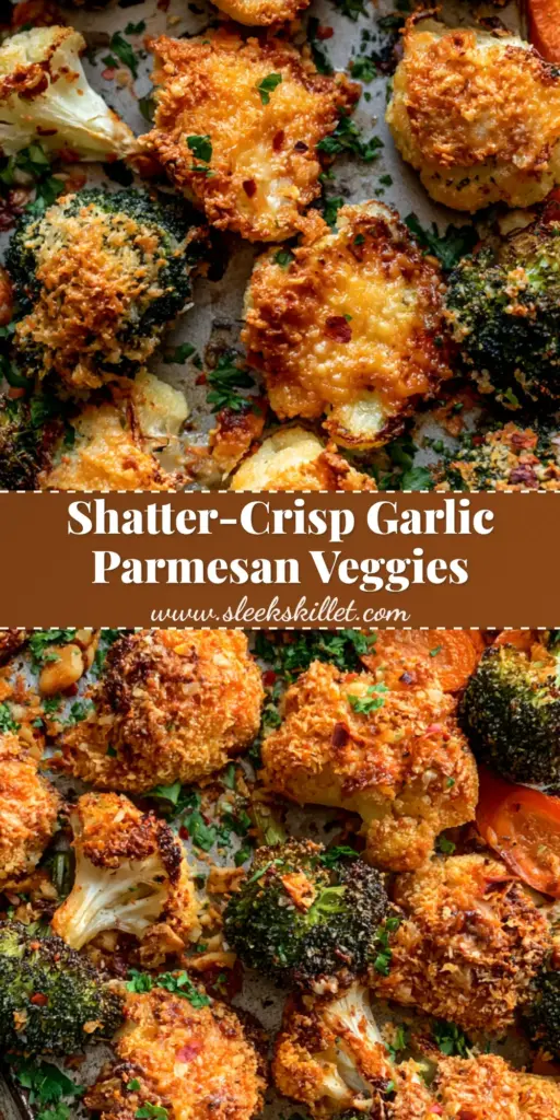 A rustic dark metal baking sheet filled with crispy parmesan roasted broccoli, cauliflower, and carrots. (roasted vegetable recipe)