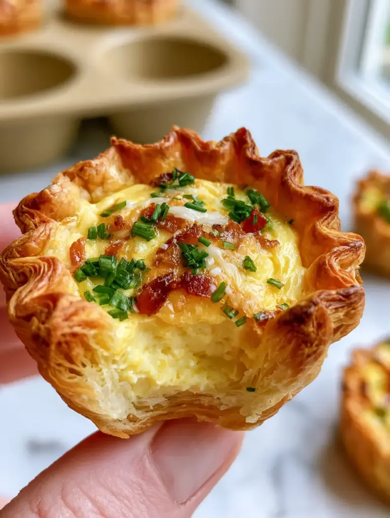 Mini Quiches with Flaky Puff Pastry and Crispy Smoked Bacon 2 Close-up of a hand holding a single Mini Quiche showing the incredible flaky layers of the puff pastry crust.