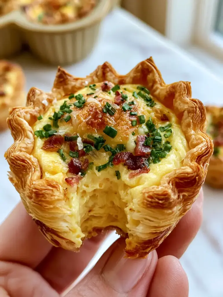 Mini Quiches with Flaky Puff Pastry and Crispy Smoked Bacon 1 A Mini Quiche with a bite taken out, revealing the light and airy pale yellow egg custard interior.