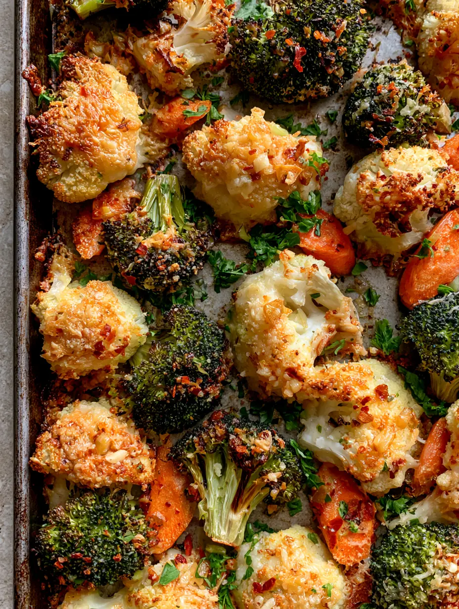Close-up of bubbly golden-brown parmesan cheese crust on roasted broccoli florets. (roasted vegetable recipe)