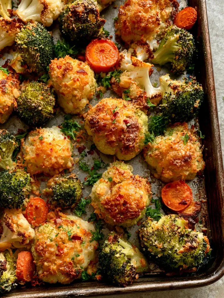 Roasted cauliflower and carrots with toasted garlic bits and fresh parsley garnish on a dark sheet pan.