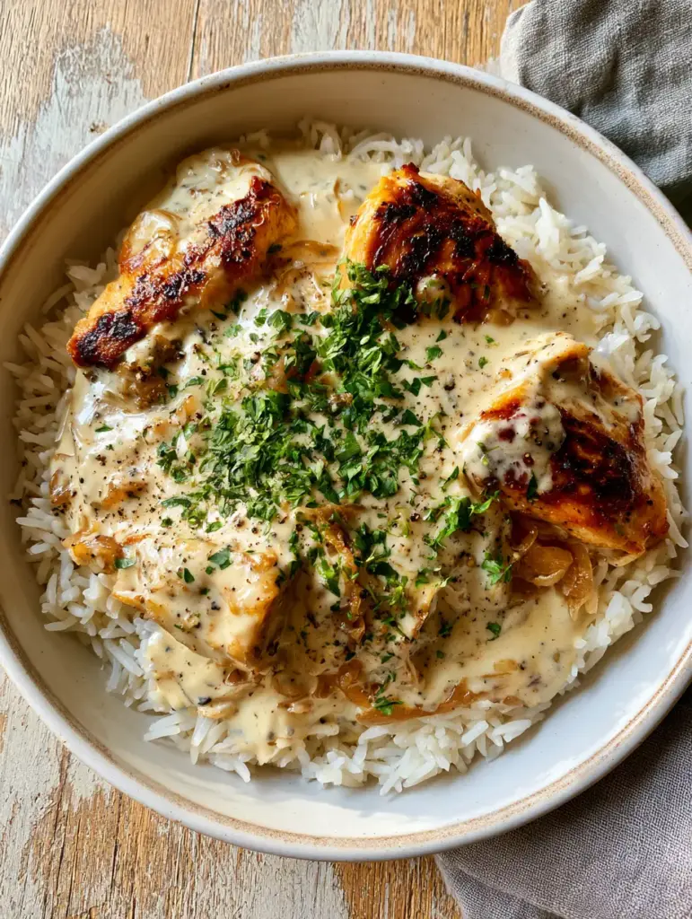 Smothered Chicken and Rice with Velvety Onion Gravy 2 Rustic ceramic bowl of smothered chicken and rice with golden seared chicken breast chunks and velvety gravy.