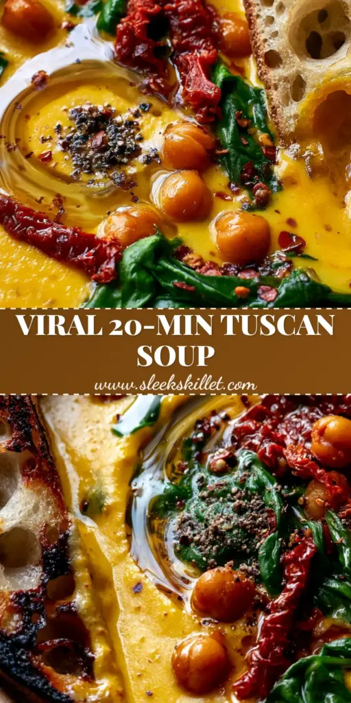 A high-angle shot of Tuscan Chickpea Soup in a rustic bowl with charred sourdough, sun-dried tomatoes, and a silk-smooth ochre broth.