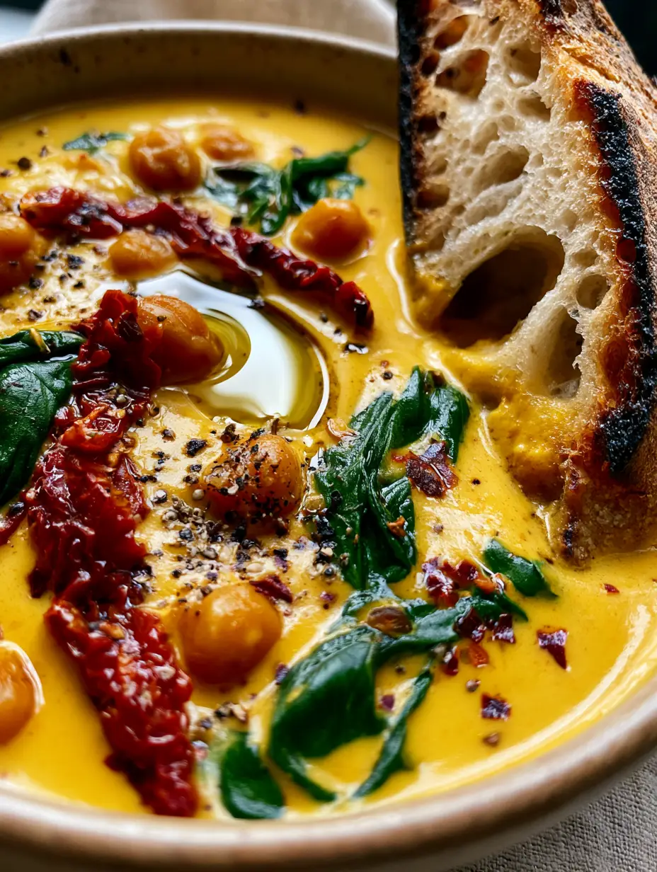 Extreme close-up of velvety ochre Tuscan Chickpea Soup showing silkiness and whole chickpeas with a swirl of olive oil.