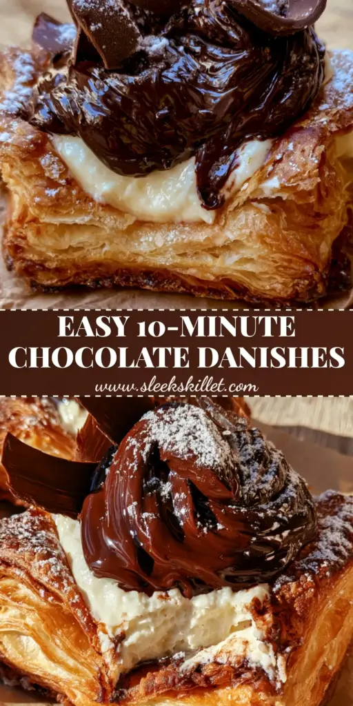 Chocolate Cream Cheese Danish with Flaky Puff Pastry and Glossy Ganache 4 A close-up smartphone photo of a golden brown chocolate cream cheese danish on crumpled brown parchment paper, featuring glossy ganache and chocolate curls.