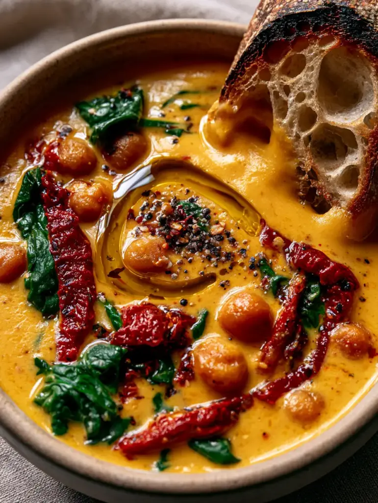 High-angle view of Tuscan Chickpea Soup garnished with red sun-dried tomatoes, emerald spinach, and cracked black pepper.