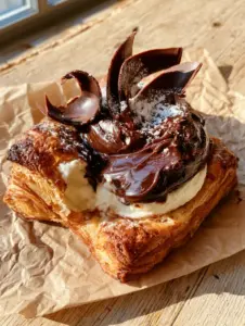 Smartphone photo showing the multi-layered flaky edges of a chocolate cream cheese danish in morning sunlight.