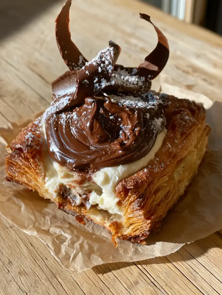 Chocolate Cream Cheese Danish with Flaky Puff Pastry and Glossy Ganache 1 Close-up of a chocolate cream cheese danish bitten to reveal the velvety white filling and glossy chocolate ganache.