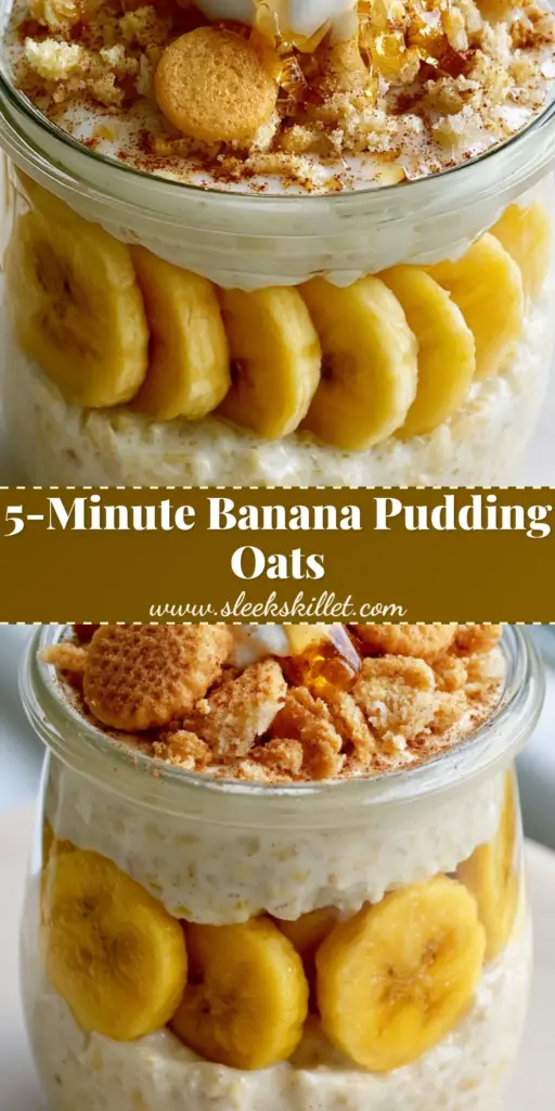 A close-up vertical shot of banana pudding overnight oats in a jar with vanilla wafers and a honey drizzle.