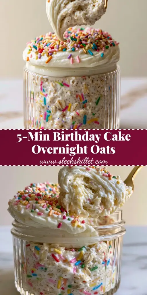 A chic ribbed glass jar filled with Birthday cake overnight oats, showing layers of creamy oats and a thick yogurt frosting with a gold spoon.
