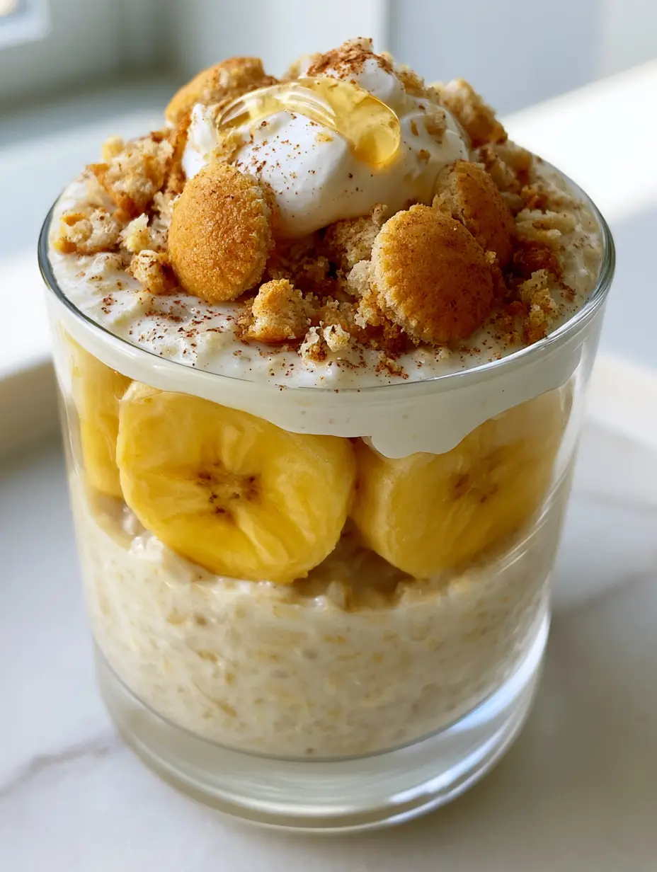 Sleek clear glass jar containing pale-yellow banana pudding overnight oats layered with banana rounds and wafers.