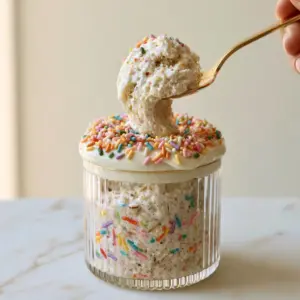 Close-up of vanilla-flecked Birthday cake overnight oats with bright rainbow sprinkles and a gold spoon scoop.