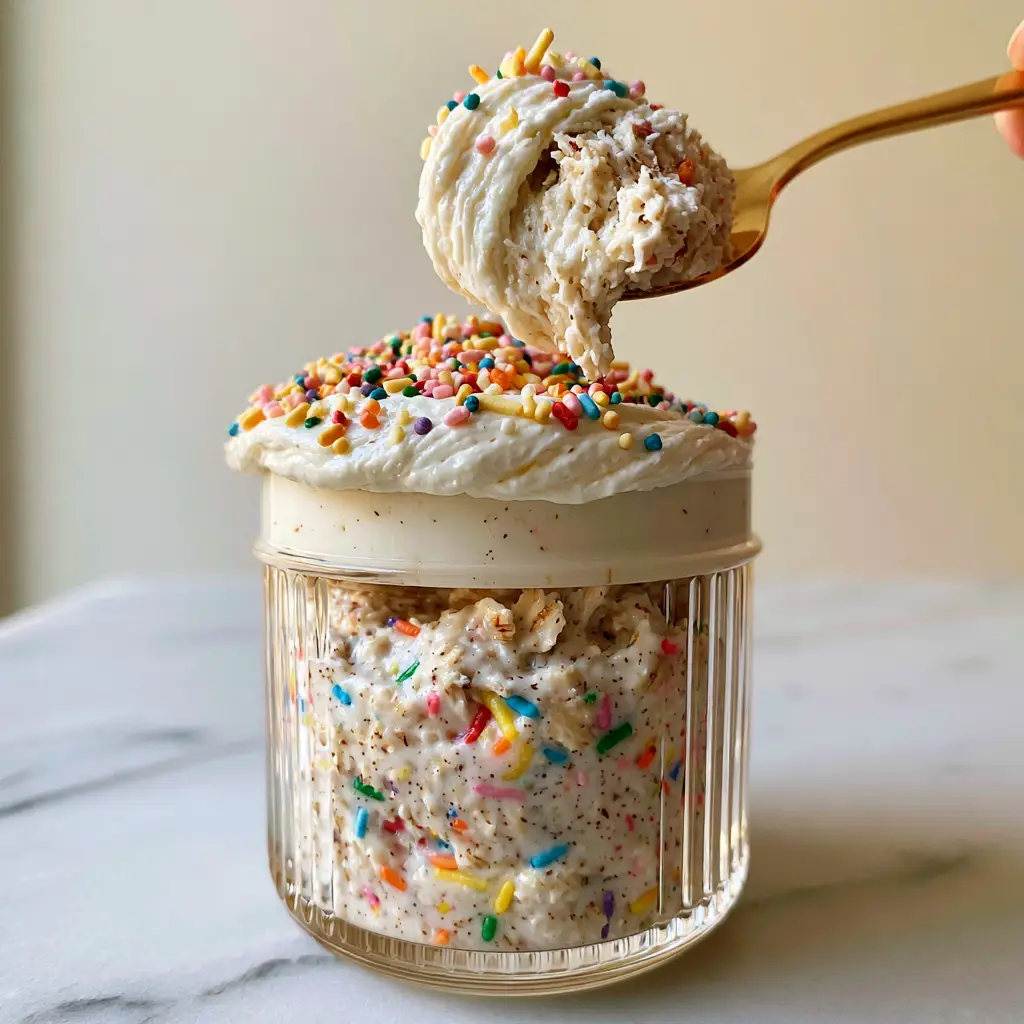 High-angle shot of Birthday cake overnight oats on a light marble countertop with warm natural lighting.