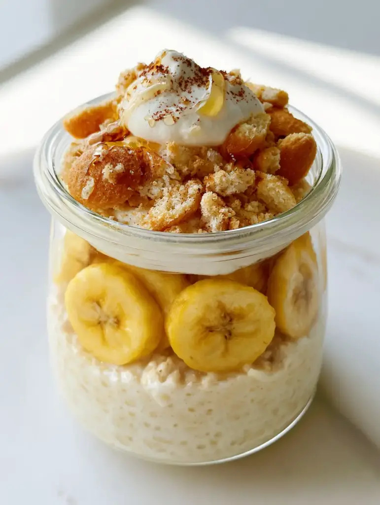 A top-down view of banana pudding overnight oats showing whipped cream, cinnamon, and honey drizzle.