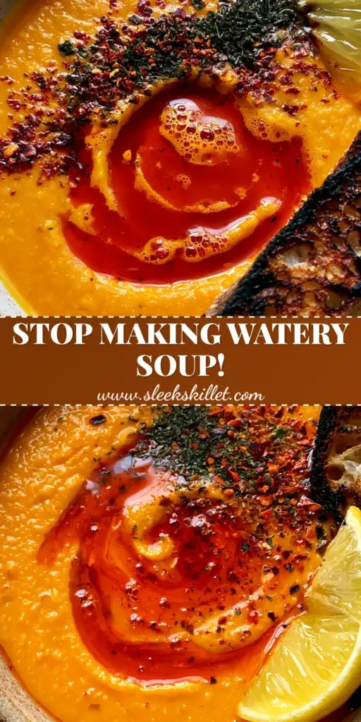 A close-up shot of Turkish red lentil soup in a rustic bowl with a crimson chili butter swirl and a lemon wedge.