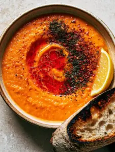 A bowl of golden Turkish red lentil soup topped with dried mint and Aleppo pepper on a light stone background.