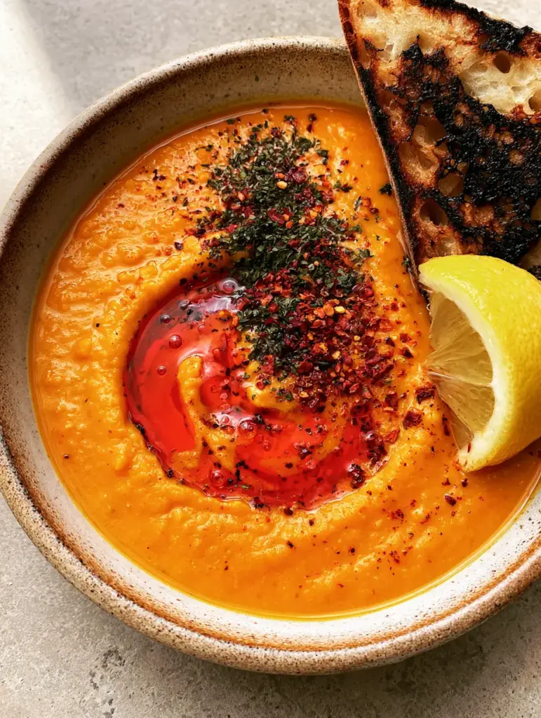 Sizzling crimson chili butter drizzled into a bowl of golden lentil soup next to charred sourdough bread.