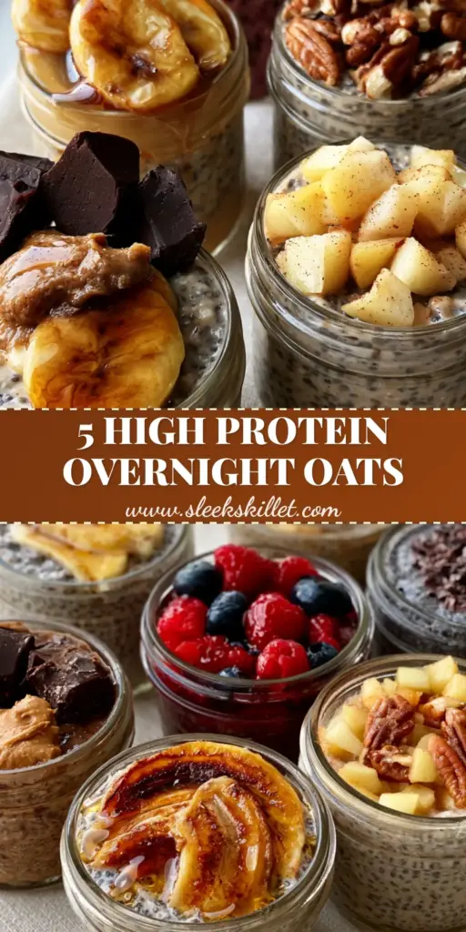 Overnight Oats: 5 Decadent High-Protein Meal Prep Flavors 4 A vertical row of five glass jars filled with different flavored overnight oats, including berry, chocolate, and banana toppings.