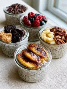 High-angle shot of five aesthetic glass jars filled with thick, decadent overnight oats featuring chocolate chunks, caramelized bananas, and fresh berries.