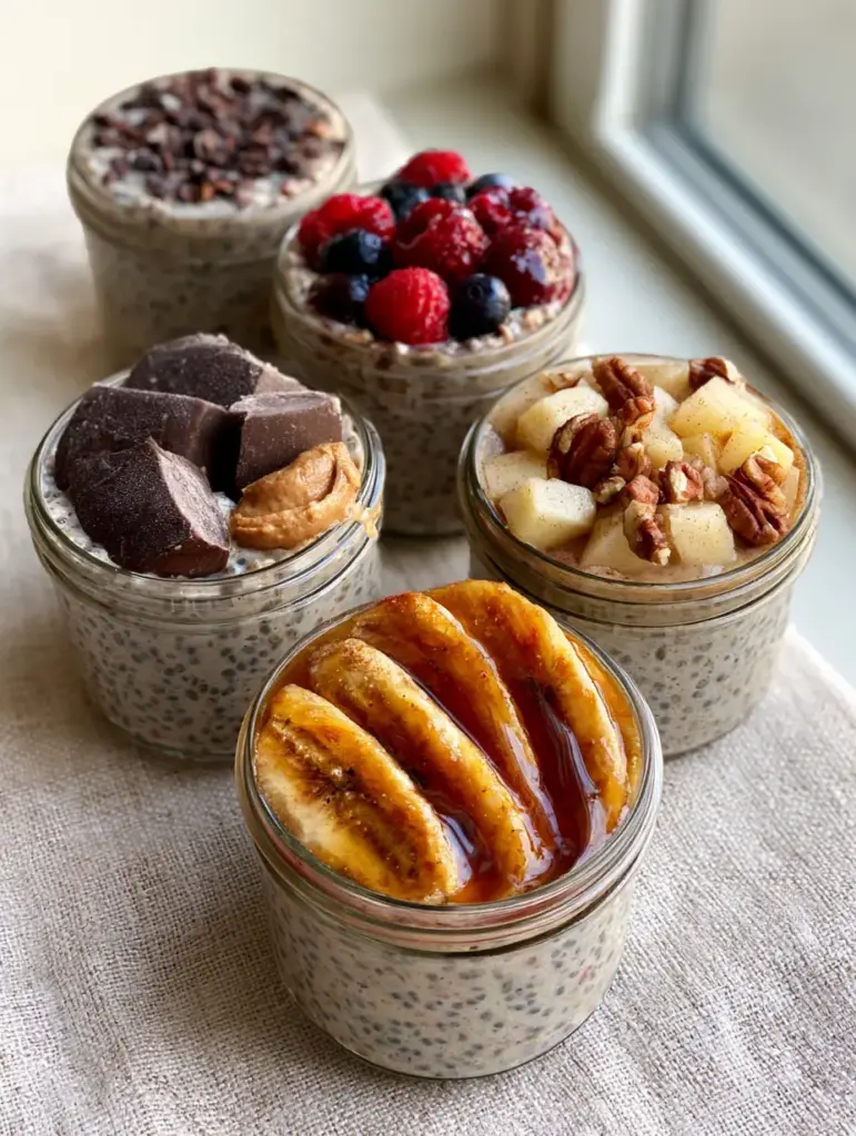 Overnight Oats: 5 Decadent High-Protein Meal Prep Flavors 1 Close up of chilled glass jars with condensation, showcasing toppings like toasted pecans, diced apples, and cocoa nibs on overnight oats.