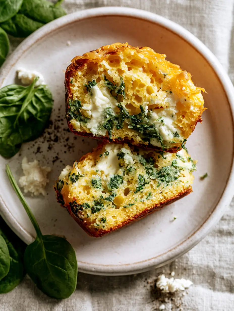 Top-down view of a halved Spinach and cheese muffin showing a moist golden-yellow sponge and feta chunks.