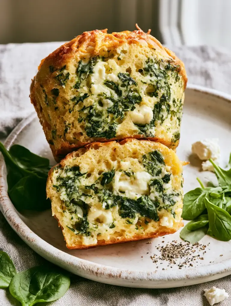 Rustic plate with a Spinach and cheese muffin, fresh baby spinach leaves, and feta crumbles.