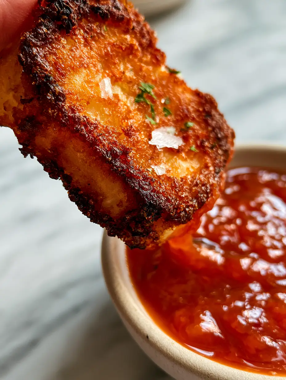 Extreme close-up of a golden air fryer halloumi cheese bite being dipped into glossy red chili jam, showing crunchy ridges and Maldon salt.