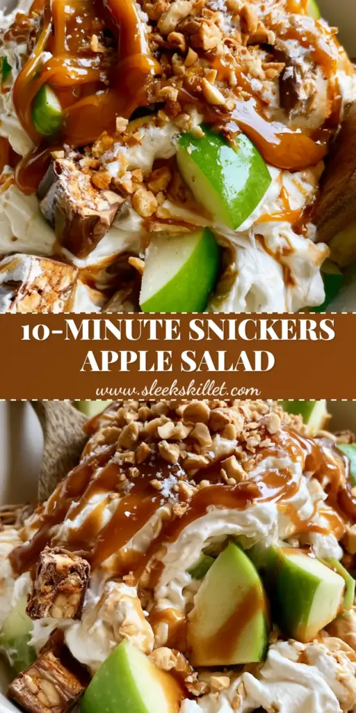A dynamic close-up hero shot of Snickers caramel apple salad in a white bowl with a rustic wooden spoon.