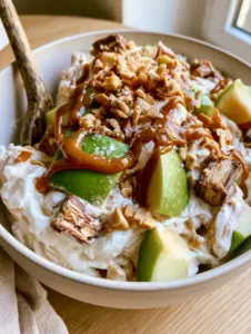 Close-up of the voluminous whipped vanilla cream base and Snickers chunks in a Snickers caramel apple salad.