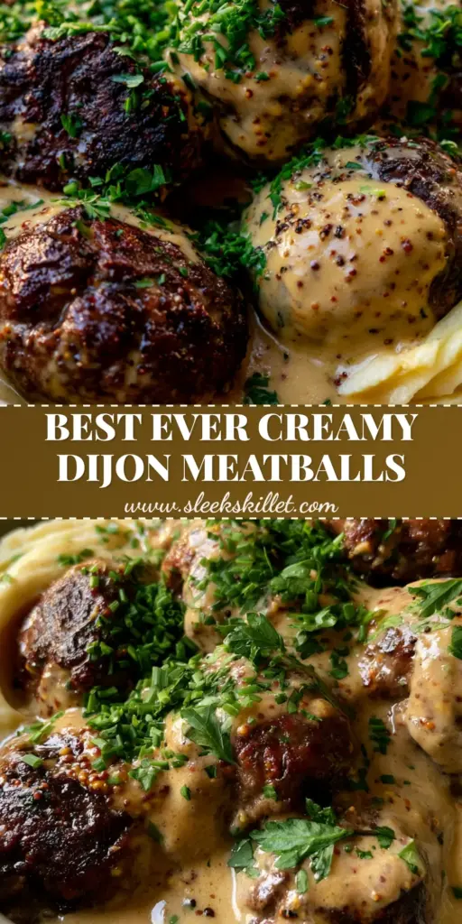 Meatballs in Dijon Gravy Over Buttery Mashed Potatoes 3 A rustic bowl of pan-seared meatballs in Dijon gravy over mashed potatoes with fresh herbs. (meatballs in Dijon gravy)