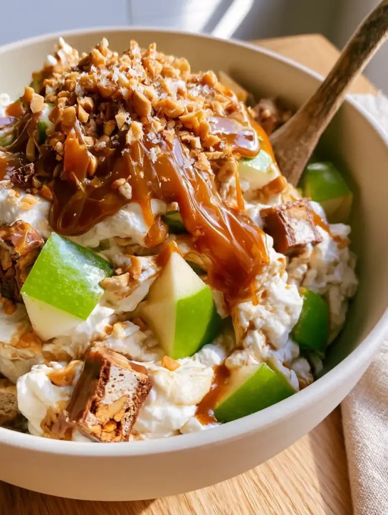 Detailed view of the thick amber caramel drizzle and sea salt garnish on a Snickers caramel apple salad.