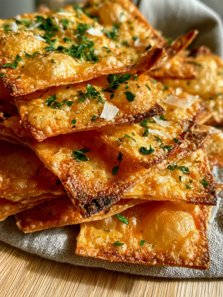 Parmesan Wonton Crackers: The Ultimate Crispy, Garlic-Herb Snack Recipe 2 Extreme macro close-up of bubbled texture and melted cheese on parmesan wonton crackers. (parmesan wonton crackers)