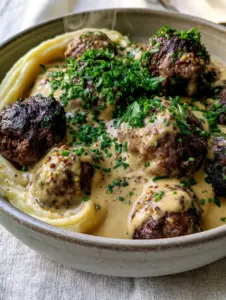 Extreme close-up of beef meatballs with a dark caramelized crust and grainy mustard sauce. (meatballs in Dijon gravy)