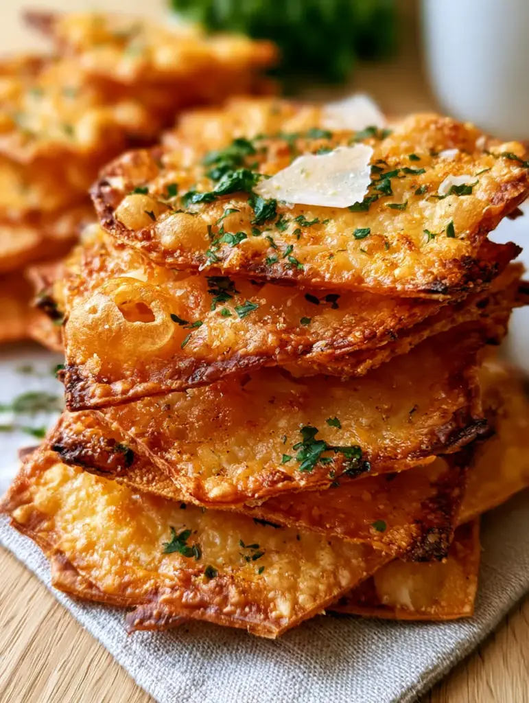 Parmesan Wonton Crackers: The Ultimate Crispy, Garlic-Herb Snack Recipe 1 Artful stack of golden wonton crackers with charred edges and parsley dusting on oak wood. (parmesan wonton crackers)