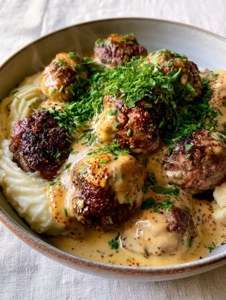Meatballs in Dijon Gravy Over Buttery Mashed Potatoes 1 Juicy beef meatballs nestled in a pale-gold Dijon cream sauce with fresh chives and parsley.