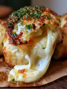 Macro photo of a golden brown cheesy garlic snack roll topped with fried garlic and parsley.