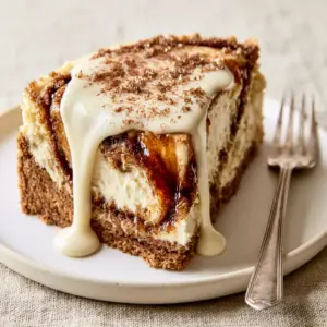 High-angle view of a Cinnamon Bun Cheesecake slice showing the creamy ivory filling and dark amber cinnamon ribbons.