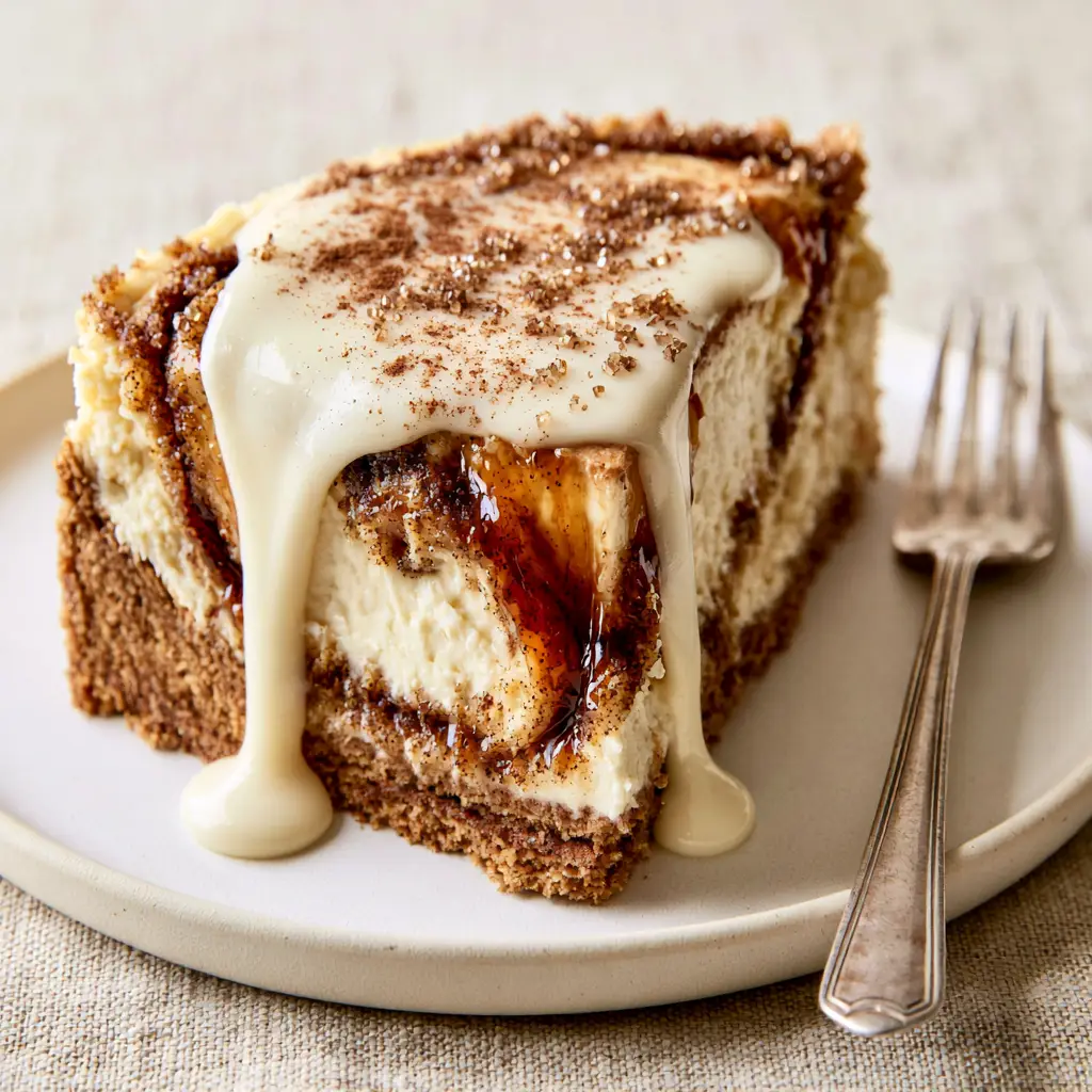 Cinnamon Bun Cheesecake: The Ultimate Creamy Swirl Recipe 2 High-angle view of a Cinnamon Bun Cheesecake slice showing the creamy ivory filling and dark amber cinnamon ribbons.