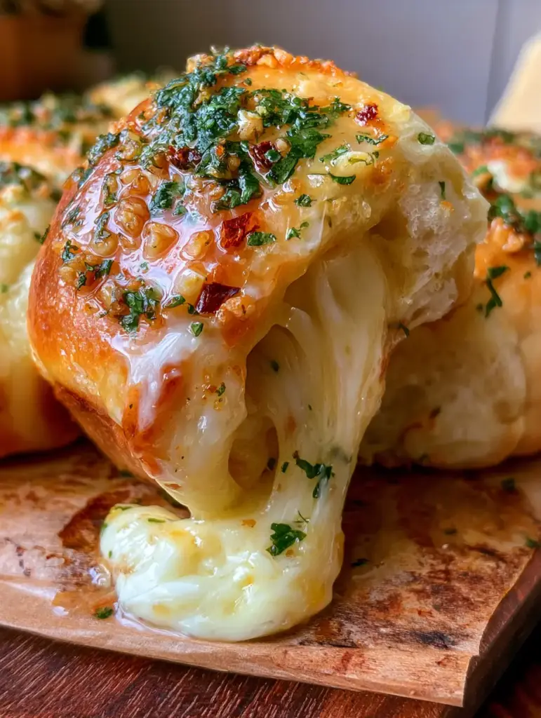 Cheesy Garlic Snack with Epic Molten Mozzarella Cheese Stretch 1 A cluster of garlic bread bites on rustic parchment paper with visible red chili flakes.