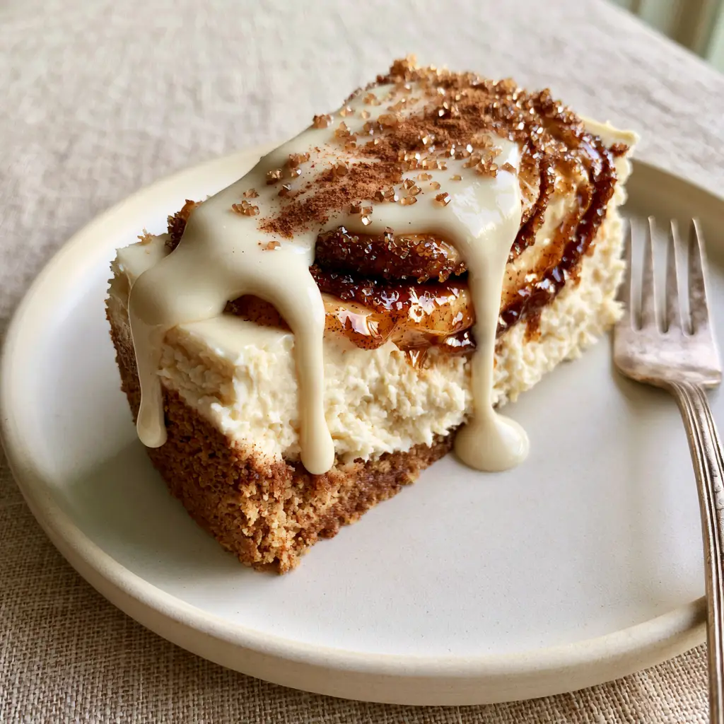 Cinnamon Bun Cheesecake: The Ultimate Creamy Swirl Recipe 1 A slice of Cinnamon Bun Cheesecake with thick white cream cheese glaze cascading down the side.