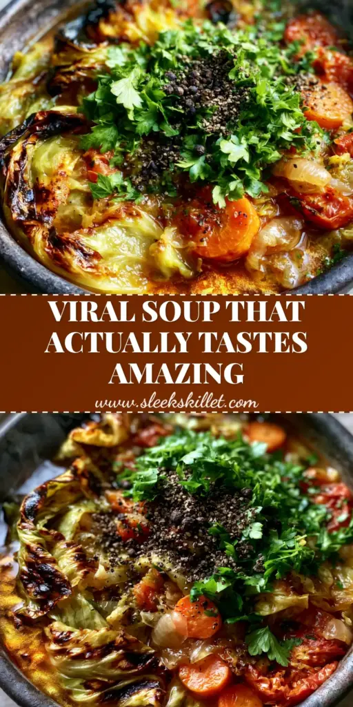 A top-down view of a rustic charcoal bowl containing chunky cabbage soup with charred green ribbons, amber broth, and cracked black pepper. (cabbage soup recipes)