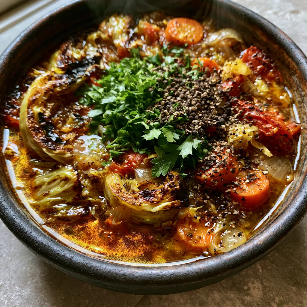 Rustic charcoal ceramic bowl filled with chunky cabbage soup garnished with parsley and cracked pepper.