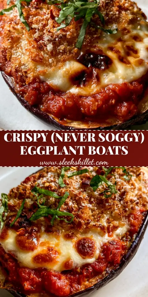 Close-up of a stuffed eggplant parmesan boat with bubbling mozzarella and crispy panko on a rustic plate.